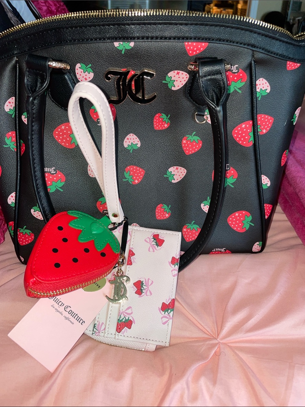 Juicy Couture Black Tote with Red and Pink Strawberry Print